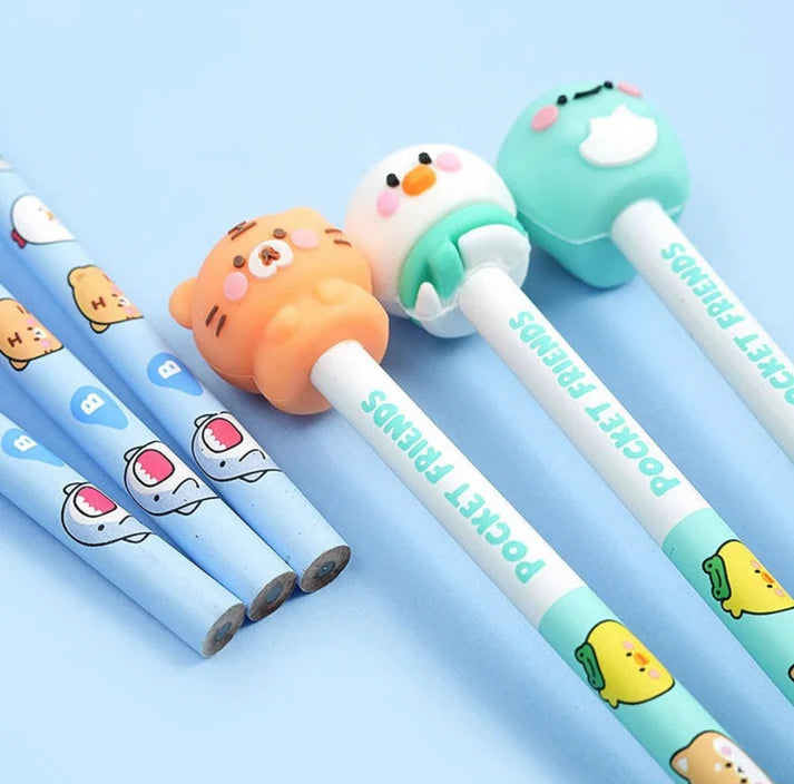 Kawaii Baby Animal Design Toppers with Pencil - Set of 6