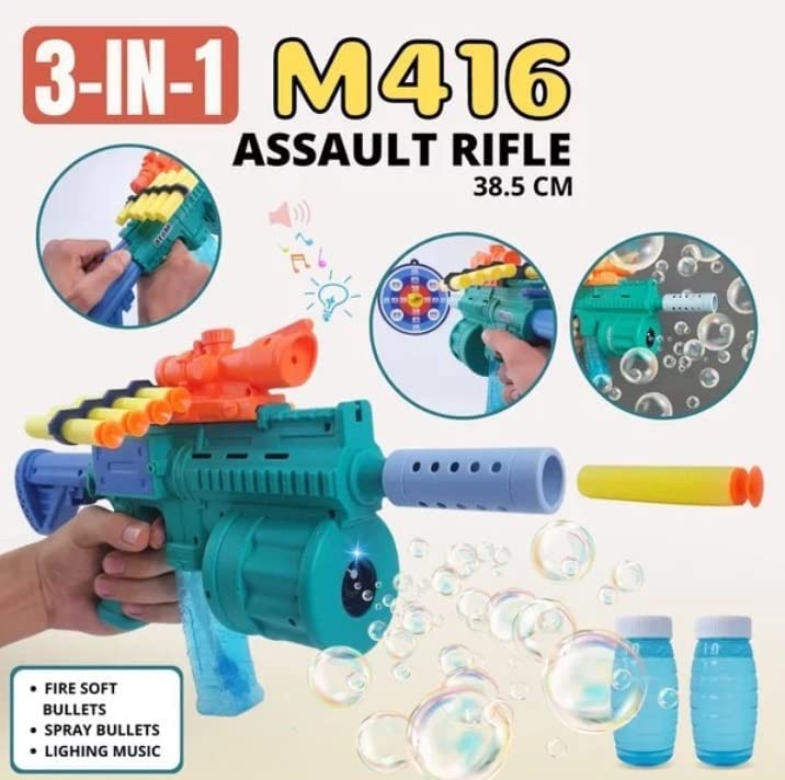 M416 3-in-1 Soft Bullet Toy Gun for Kids – Bubble Maker, Soft Bomb Launcher & 8 Foam Bullets | Fun Blaster Toy
