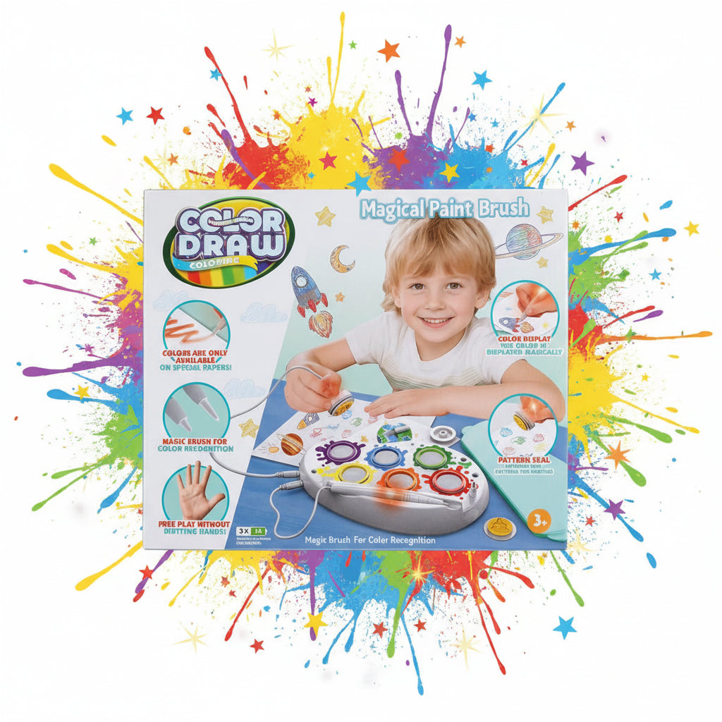Color Draw Magical Paint Brush Set – 6 Color Light-Up No-Mess Painting Kit with Stamp