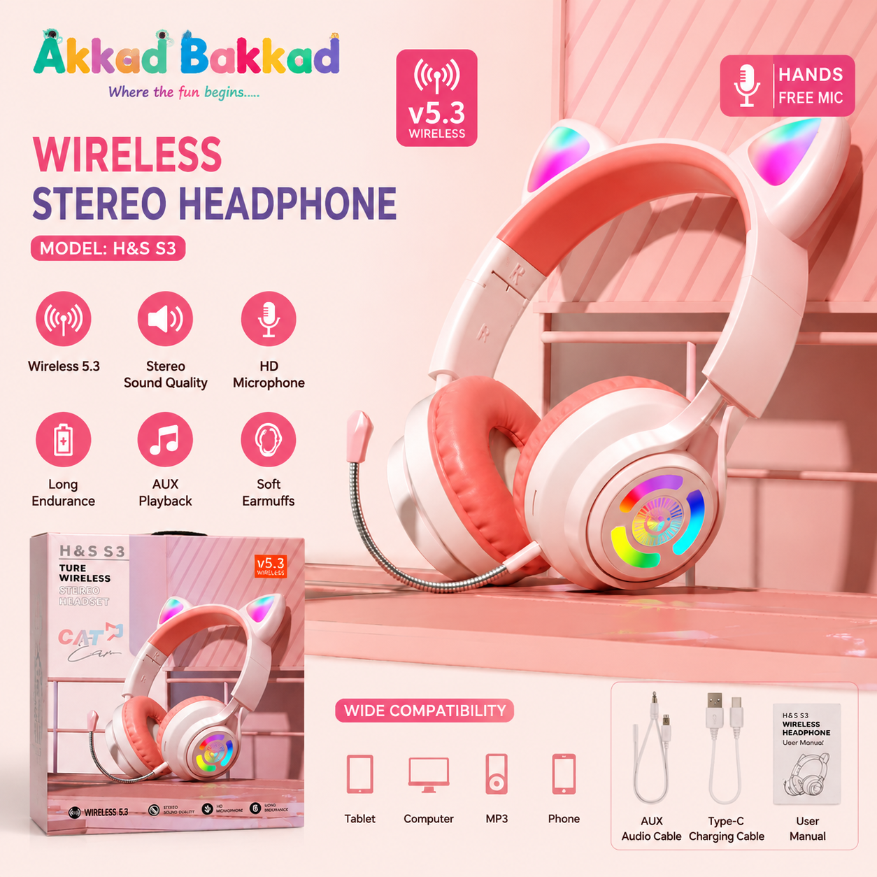 H&S S3 Cute Cat Ear Wireless Headset – Bluetooth 5.3 RGB LED Kids Gaming & Music Headphones with HD Microphone