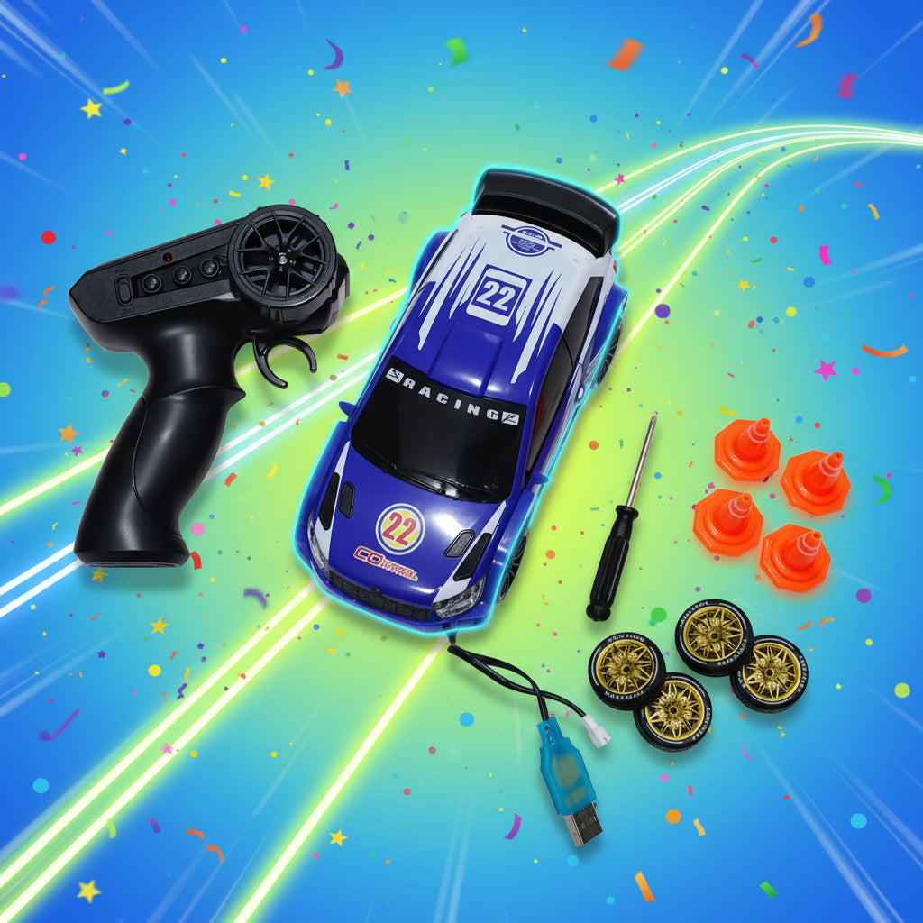 4WD RC Drift Rally Car – German-Style Racing Remote Control Car with Extra Wheels & Cones