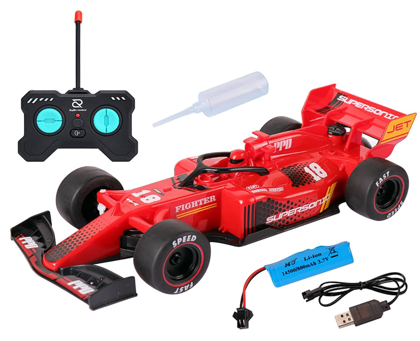 Remote Control Formula 1 Racing Car | 1:18 Scale | Drift Spray Function | LED Lights | Easy Drive | Red | Ages 6+