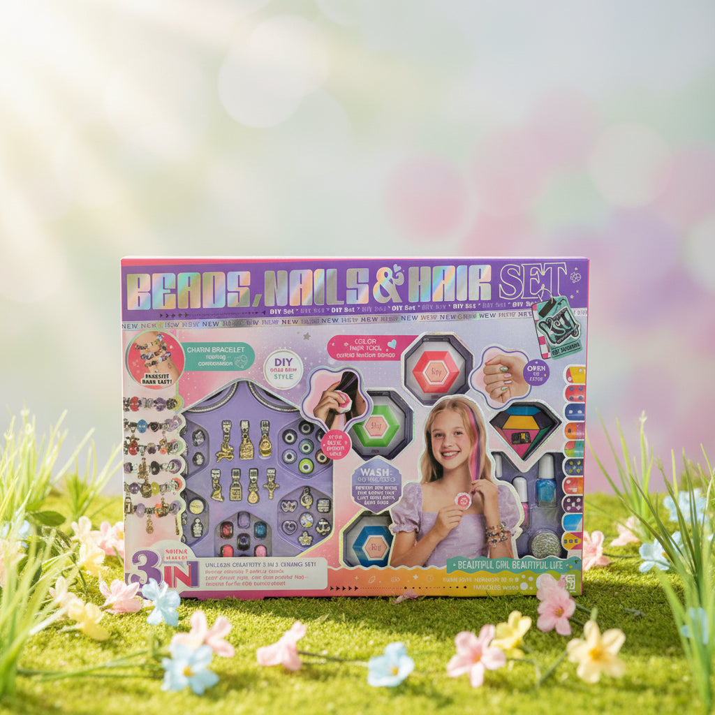 Beads, Nails & Hair Set — 3-in-1 DIY Fashion Kit for Girls