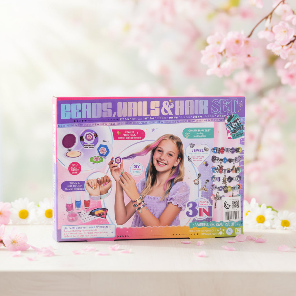 Beads, Nails & Hair Set — 3-in-1 DIY Fashion Kit for Girls