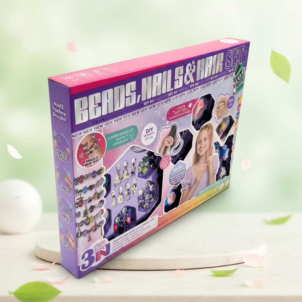 Beads, Nails & Hair Set — 3-in-1 DIY Fashion Kit for Girls