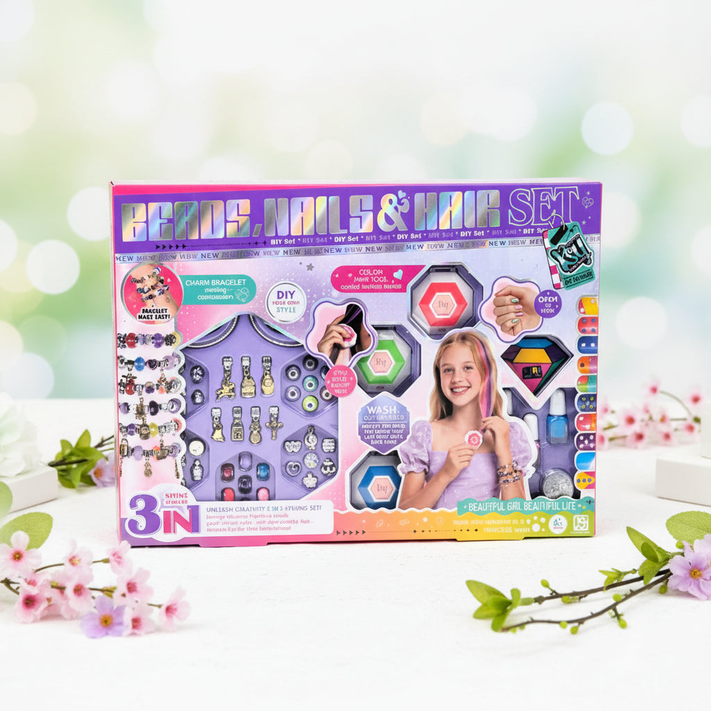Beads, Nails & Hair Set — 3-in-1 DIY Fashion Kit for Girls