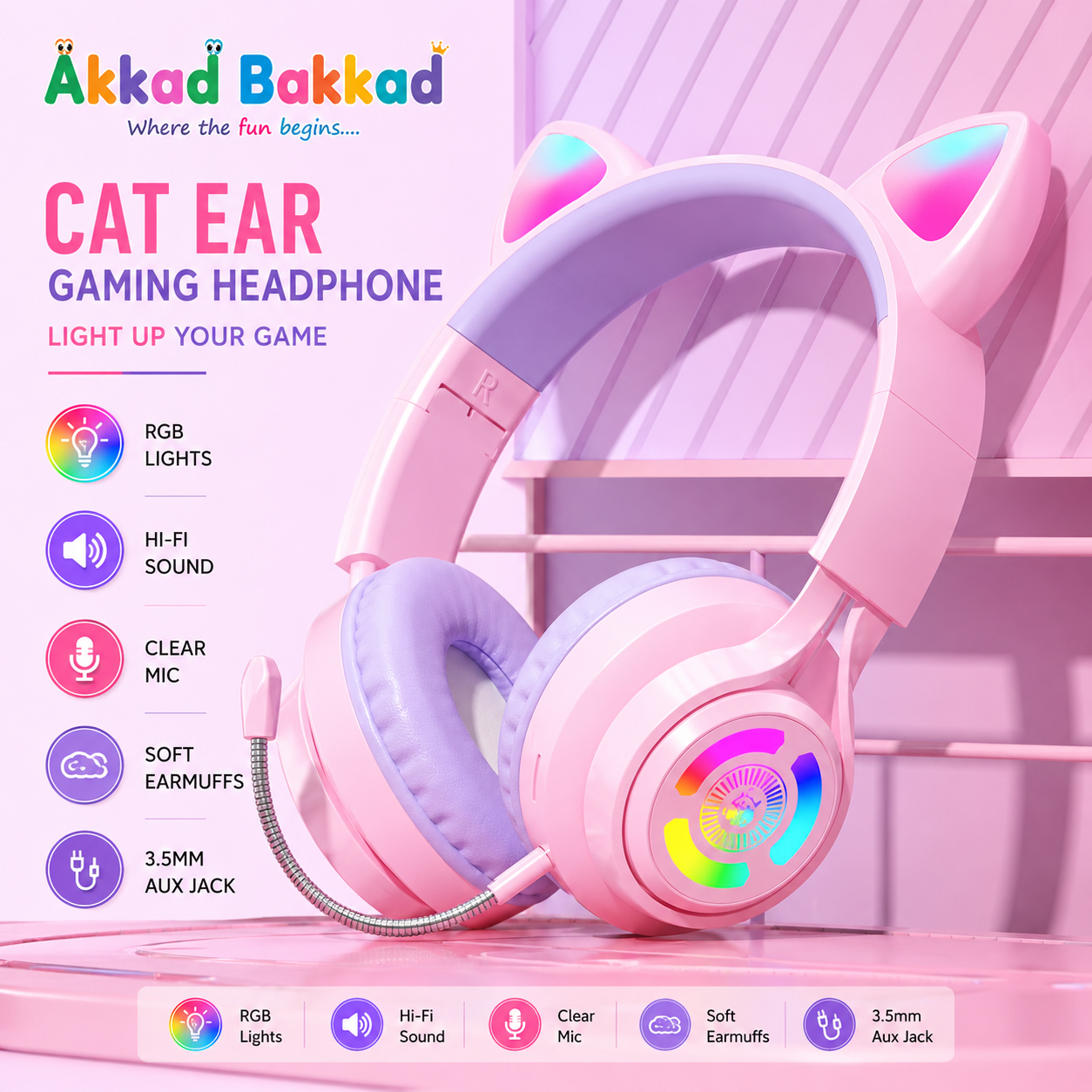 H&S S3 Cute Cat Ear Wireless Headset – Bluetooth 5.3 RGB LED Kids Gaming & Music Headphones with HD Microphone