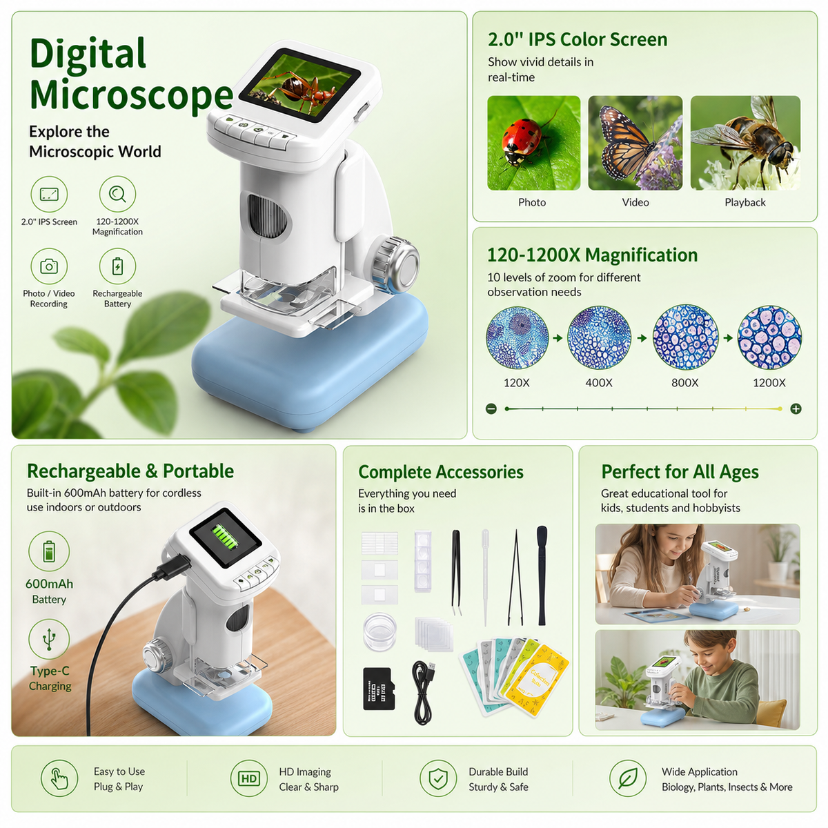 Kids' LCD Digital Scientific Microscope Kit — 120X-1200X Magnification, Portable & Rechargeable