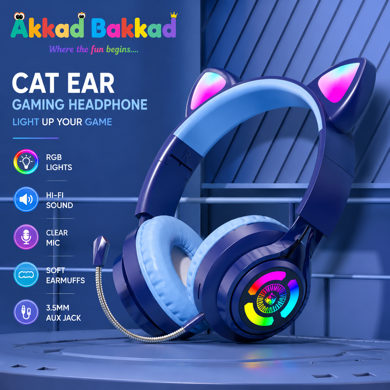 H&S S3 Cute Cat Ear Wireless Headset – Bluetooth 5.3 RGB LED Kids Gaming & Music Headphones with HD Microphone