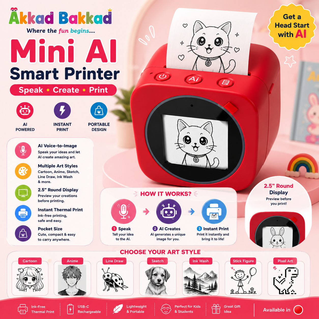 Mini AI Smart Printer – Speak, Create & Print!