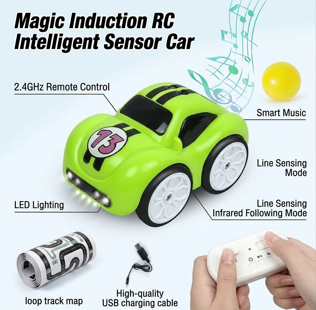 Magic Induction RC Intelligent Sensor Car – 2.4GHz Remote Control Mini Car with Smart Music & LED Lighting, Line Sensing Infrared Following Car